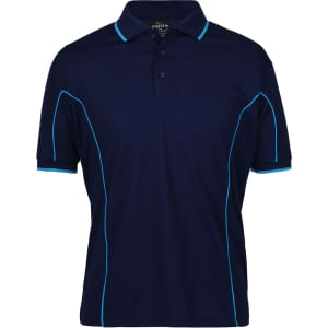 Navy blue polo shirt featuring contrasting light blue piping and a collar. Includes a branding logo.