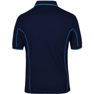 A navy polo shirt featuring light blue piping and a logo on the back. Suitable for casual or active wear.