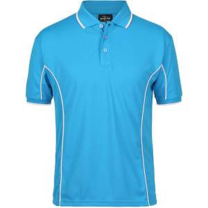 A light blue polo shirt with white piping and a collar, featuring a logo on the chest.