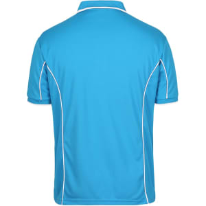A blue polo shirt featuring white piping along the seams and a collar. The view shows the back of the shirt.