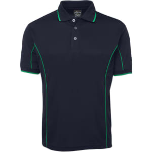 A navy polo shirt with green piping, featuring a collar and three buttons. It includes a logo on the front.