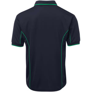 A navy polo shirt with green piping details and a logo on the back.