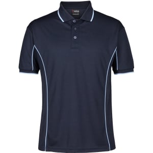 A navy blue polo shirt featuring light blue piping and a brand logo on the collar.