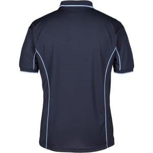 A navy blue polo shirt featuring light blue piping and a collar. It has a logo on the front.