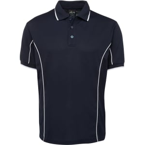 A navy polo shirt with white piping, featuring a collar and three-button placket. It has a logo on it.