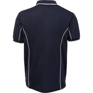 A dark navy polo shirt with white piping details, featuring a collar and short sleeves. It includes a branding logo.