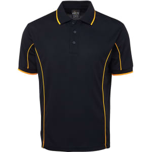 A black polo shirt with yellow piping and a collar. It features a button placket and branding.