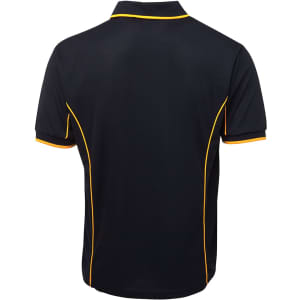 A black polo shirt with yellow piping and a logo. Features a classic collar and short sleeves.