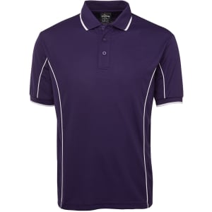 A purple polo shirt with white piping details and a collar. It features a logo on the chest.