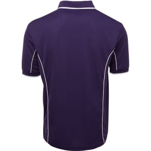 A purple polo shirt featuring white piping, designed with a classic collar and short sleeves. It has a logo on it.
