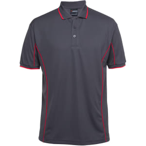 A grey polo shirt with red piping, featuring a collar and three-button placket. Includes a logo on the chest.