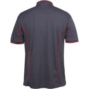 A grey polo shirt featuring red piping along the seams and a logo on the back.