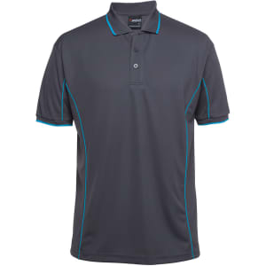 A grey polo shirt with blue piping details and a logo on the collar.