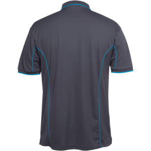 A grey polo shirt featuring blue piping along the seams and a branded logo on the back.