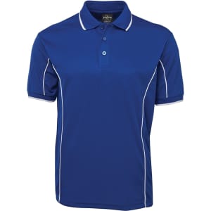 A blue polo shirt with white piping details and a collar, featuring a logo on the chest area.