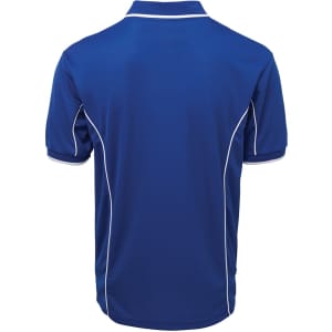 A blue polo shirt with white piping and a logo on the back.
