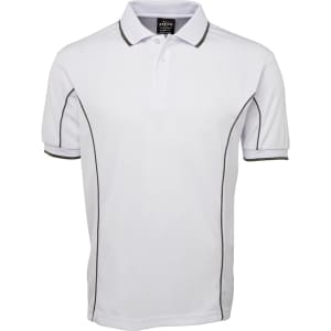A white polo shirt with grey piping, featuring a collar and three buttons, and a logo on the chest.