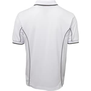 A white polo shirt featuring contrasting piping along the seams and a logo on the front.