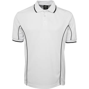 A white polo shirt featuring black piping along the seams and a logo on the tag.
