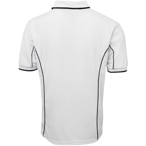 A white polo shirt featuring black piping along the seams, with a collar and short sleeves. It has a logo.