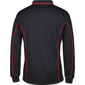 A black long-sleeve polo shirt with red piping and a logo on the back.