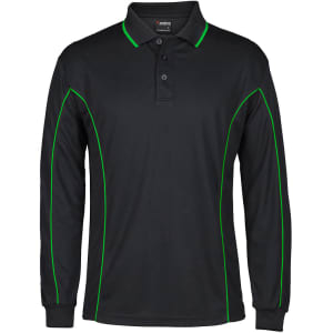 A long-sleeve black polo shirt with green piping and a branded logo on the collar.