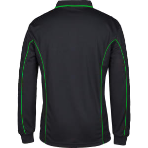 A black long-sleeve polo shirt featuring green piping along the seams and a logo on the front.