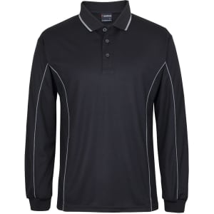 A long-sleeve black polo shirt with contrasting piping and a logo on the collar.