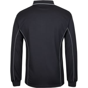 A black long-sleeve polo shirt with grey piping and a logo on the collar.