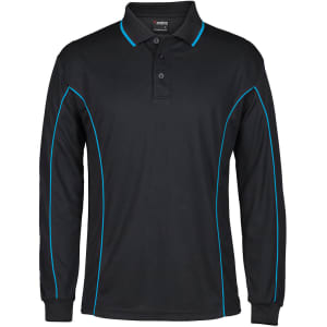 A black long-sleeve polo shirt with blue piping details and a collar. It features a logo on the chest.