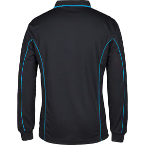 A black long-sleeve polo shirt with blue piping, featuring a collar and a logo.
