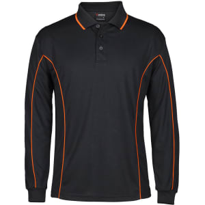 A black long-sleeve polo shirt with orange piping and a logo on the chest. Perfect for casual wear.