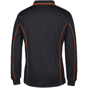 A black long-sleeve polo shirt featuring orange piping along the seams and a logo on the back.