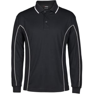 A black long-sleeve polo shirt featuring white piping and a collar, with a logo on the upper front.