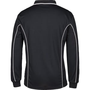 A black long-sleeve polo shirt with white piping details and a collar, featuring a logo on the front.