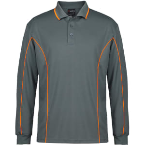 A long-sleeve polo shirt in grey with contrasting orange piping and a collar. Features a logo on the chest.