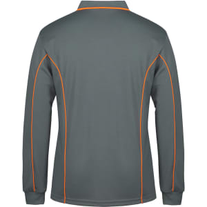 A long-sleeve polo shirt in dark grey with orange piping details and a collar. It features a logo on the front.