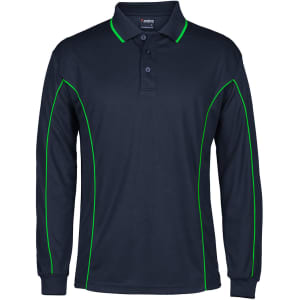A navy long sleeve polo shirt with green piping details and a collar. The shirt features a logo.