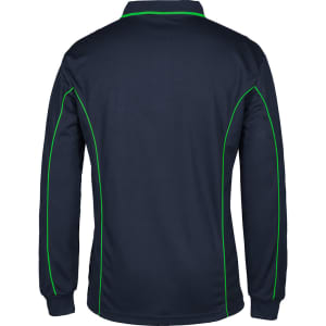 A navy blue long-sleeve polo shirt with green piping accents and a logo on the chest.