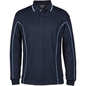 A long-sleeved navy polo shirt featuring piping details in light blue and a logo on the chest.
