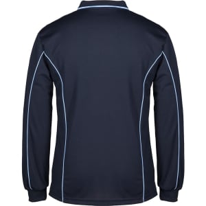 A navy long-sleeve polo shirt with light blue piping and a logo on the back.