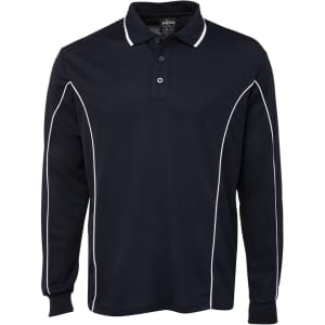A navy long-sleeve polo shirt featuring white piping and a classic polo collar. It includes a logo on the chest.