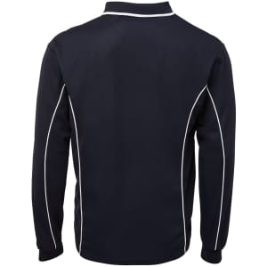 A navy long-sleeve polo shirt with white piping details and a logo. Shows the back view of the shirt.