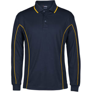 A navy long-sleeve polo shirt featuring yellow piping and a logo on the collar.