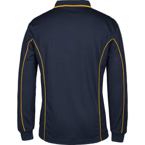 A navy long-sleeved polo shirt with contrasting yellow piping details and a logo.