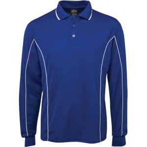 A long-sleeve polo shirt in blue with white piping and a collar, featuring a logo.