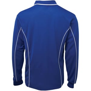 A blue long-sleeve polo shirt with white piping along the seams and a collar. It features a logo on the front.