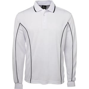 A long sleeve white polo shirt with black piping and a collar, featuring a logo on the chest.