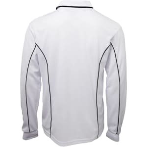 A white long-sleeve polo shirt featuring black piping along the seams and a logo on the chest.