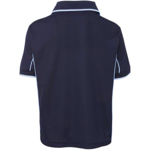 A navy polo shirt with white piping, featuring a collar and short sleeves, designed for kids.